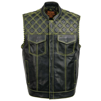 Men's Black 'Paisley' Accented Neon Green Stitching Leather Vest w/Armhole Trim
