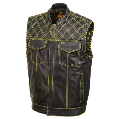 Men's Black 'Paisley' Accented Neon Green Stitching Leather Vest w/Armhole Trim