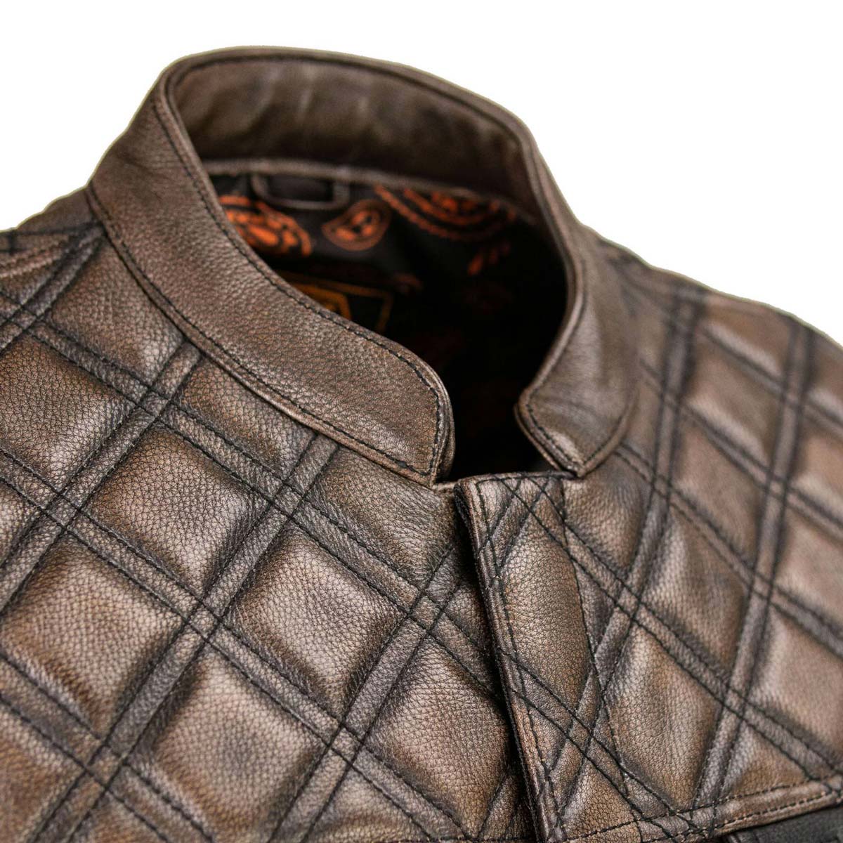 Men’s Black & Brown Paisley Lined Leather Vest – Premium Genuine Leather w/ Accent Stitching & Armhole Trim