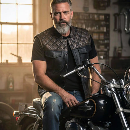 Men’s Black & Brown Paisley Lined Leather Vest – Premium Genuine Leather w/ Accent Stitching & Armhole Trim