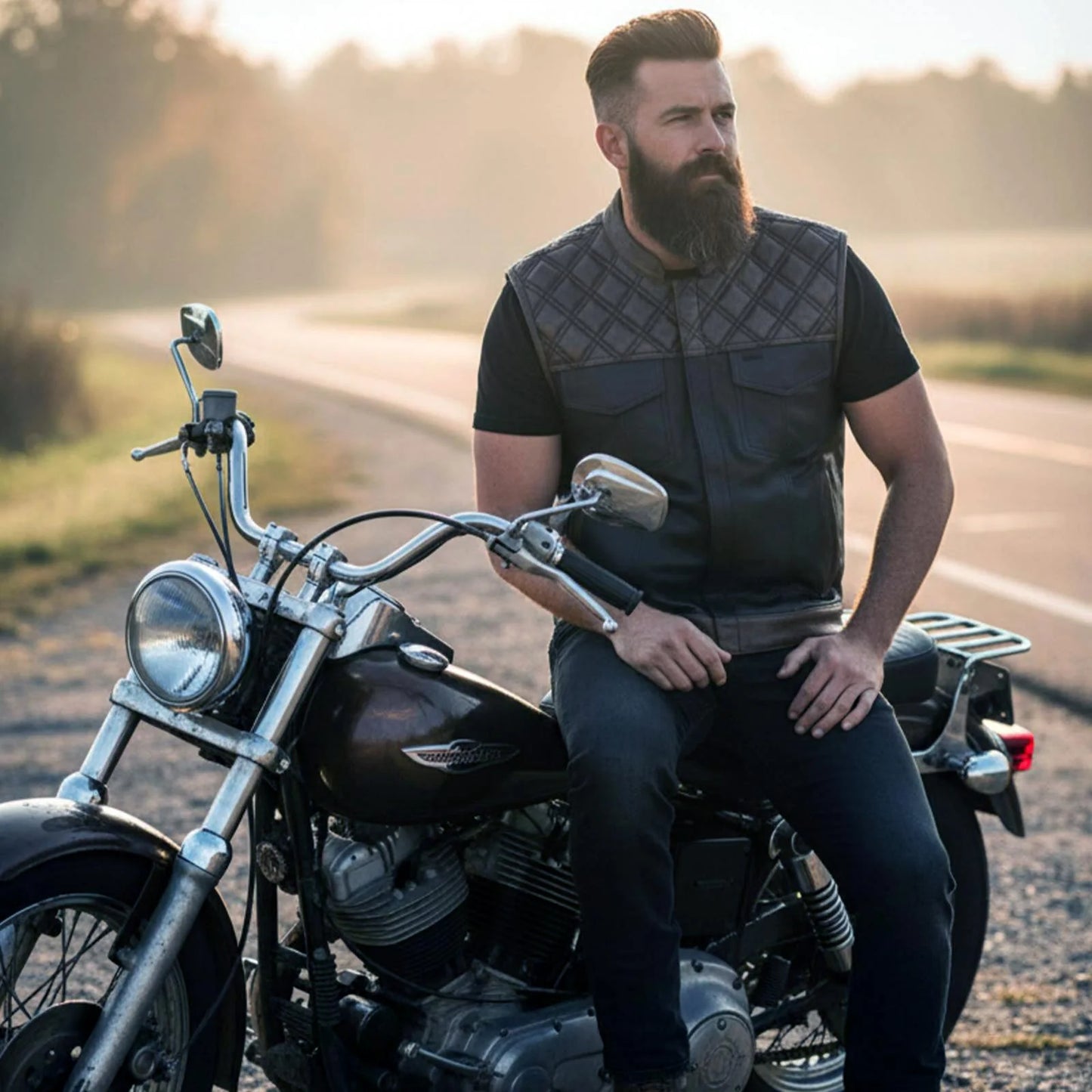 Men’s Black & Brown Paisley Lined Leather Vest – Premium Genuine Leather w/ Accent Stitching & Armhole Trim