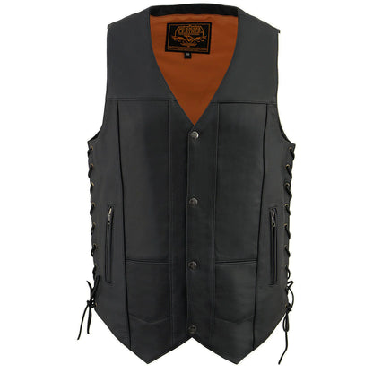 Men's Roulette Black 10 Pocket Motorcycle Leather Vest w/ Cool-Tec