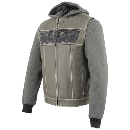 Men's '2 in 1' Distressed Grey Leather Vest with Reflective Skulls