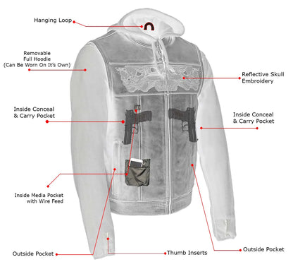 Men's '2 in 1' Black Leather Vest with Reflective Skulls