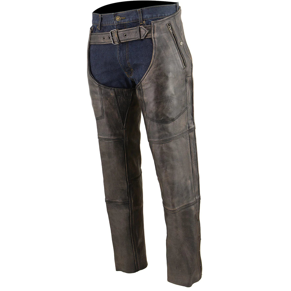Men's Distressed Brown Four Pocket Thermal Lined Leather Chaps