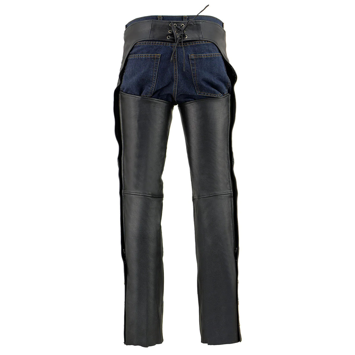 Men's Black 'Cool-Tec' Motorcycle Leather Chaps with Zippered Thigh Pockets