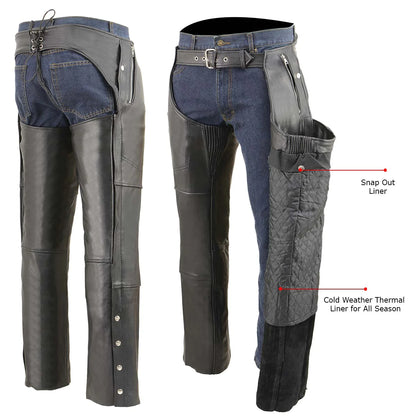 Men's Black 'Cool-Tec' Motorcycle Leather Chaps with Thermal Liner