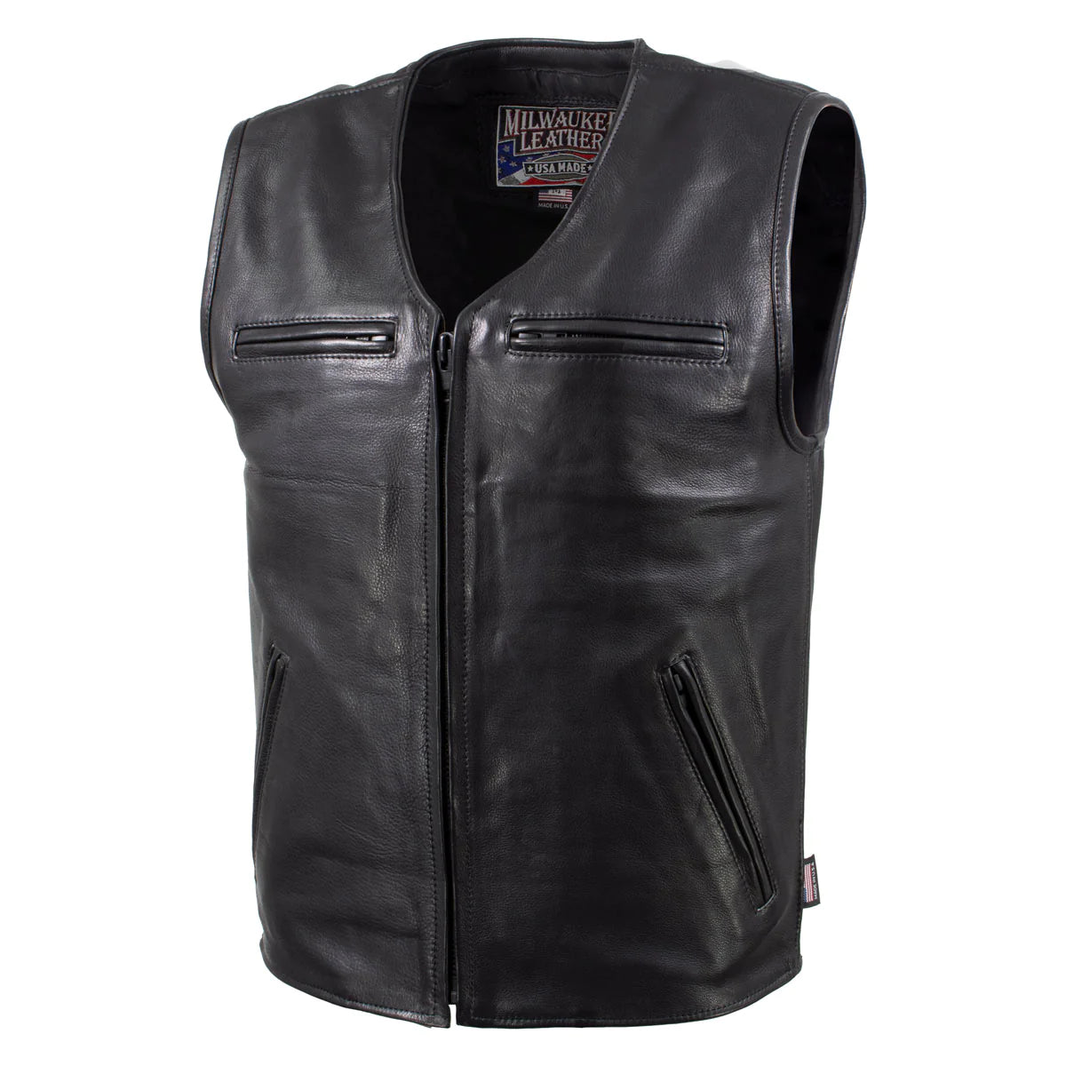 Men's Black 'Slinger' V-Neck Motorcycle Premium Leather Zippered Vest