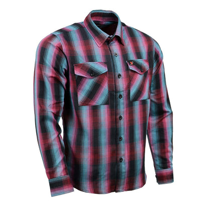 Men's Black and Pink with Blue Long Sleeve Cotton Flannel Shirt