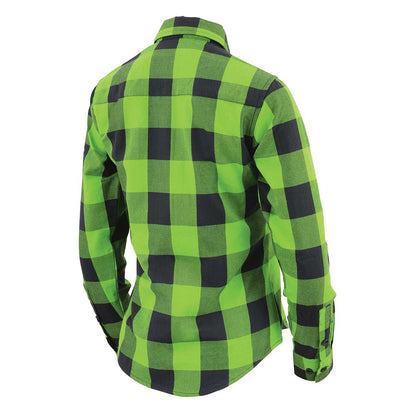 Women's Casual Lime Green and Black Long Sleeve Cotton Casual Flannel Shirt