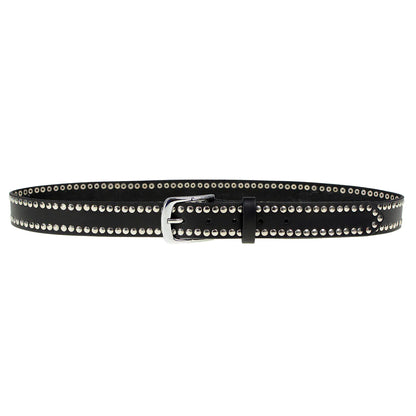 Men's Studded Black Genuine Leather Belt for Biker with Buckle - 1.5 inches Wide