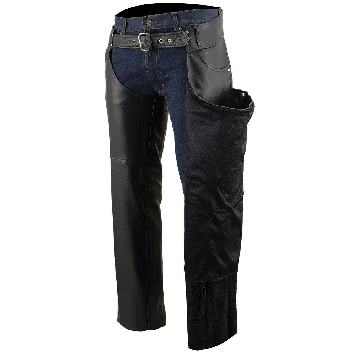 Men's Classic Black Tall Sizes Leather Chaps with Jean Pockets