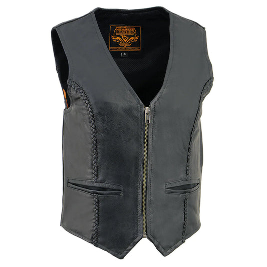 Women's Black Leather Classic Braided Motorcycle Rider Vest with Front Zip Closure