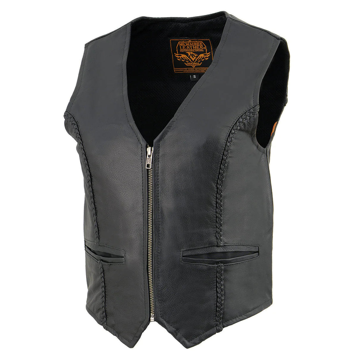 Women's Black Leather Classic Braided Motorcycle Rider Vest with Front Zip Closure