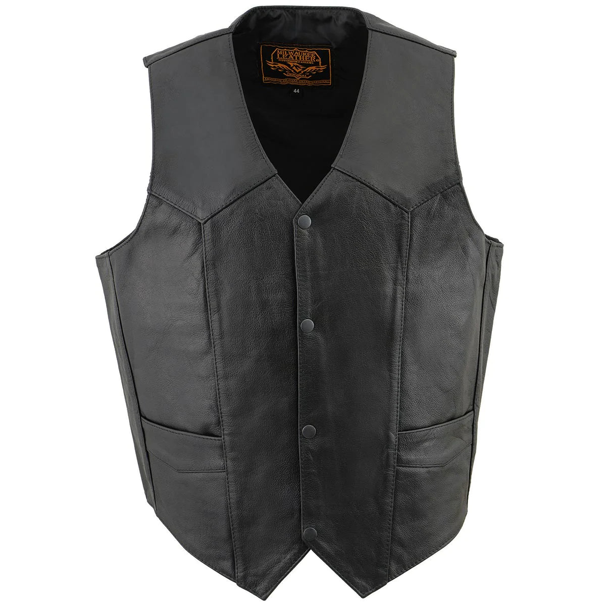 Men's Classic Black Leather Vest with Snap Button Closure