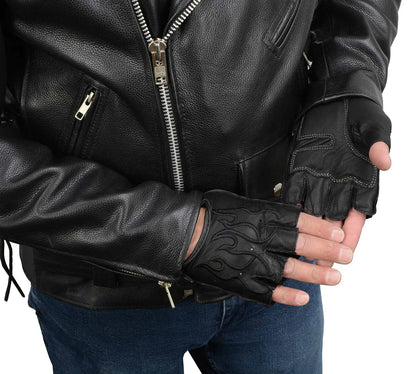 Men's Black Leather Gel Padded Palm Fingerless Motorcycle Hand Gloves W/ ‘Black Flame Embroidered’