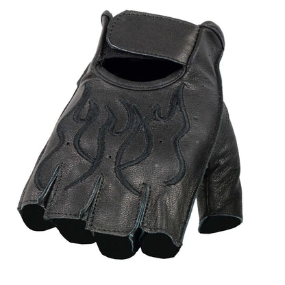 Men's Black Leather Gel Padded Palm Fingerless Motorcycle Hand Gloves W/ ‘Black Flame Embroidered’