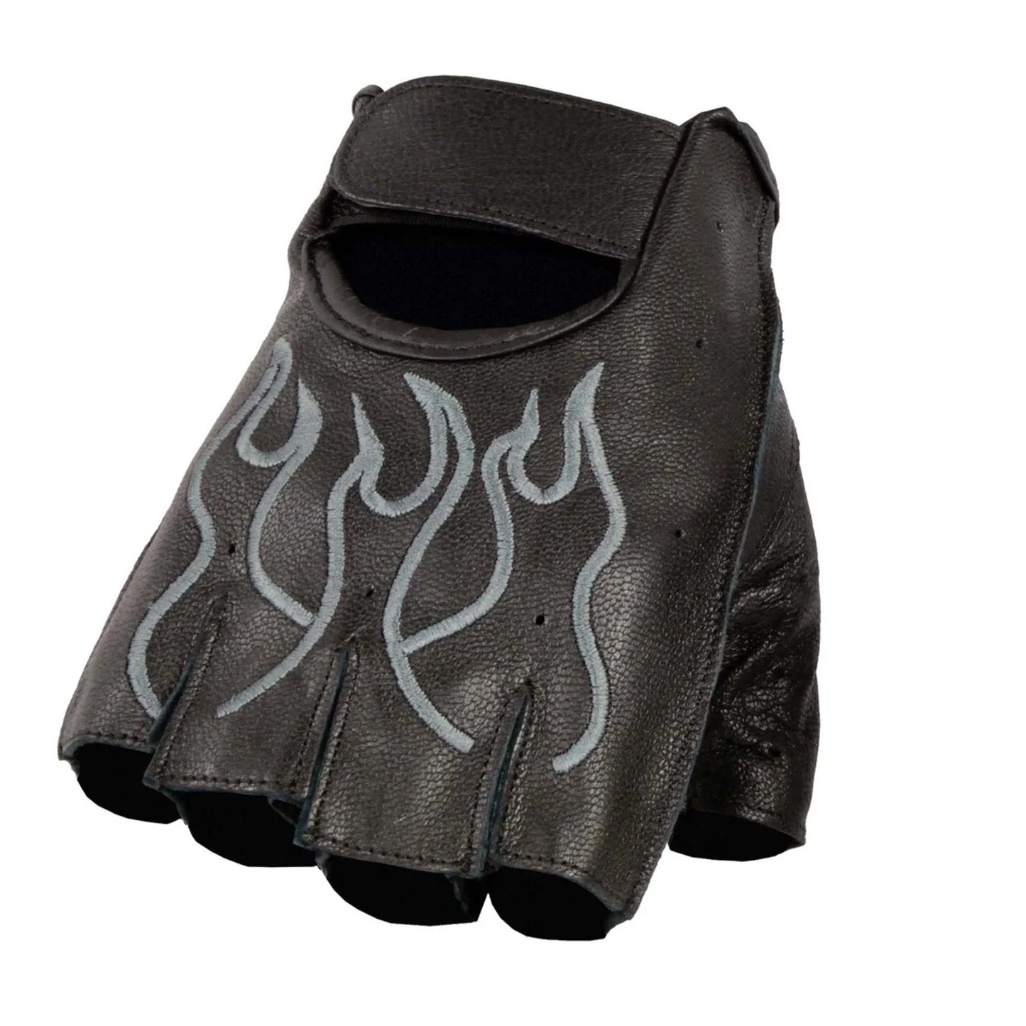 Men's Black Leather Gel Padded Palm Fingerless Motorcycle Hand Gloves W/ ‘Grey Flame Embroidered’
