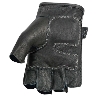 Men's Black Leather Gel Padded Palm Fingerless Motorcycle Hand Gloves W/ ‘Orange Flame Embroidered’