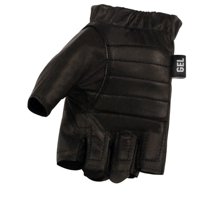 Men's Black Leather Gel Padded Palm Fingerless Motorcycle Hand Gloves W/ ‘Welted’ Design
