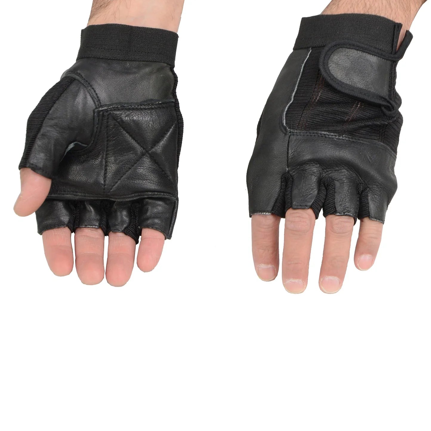 Men's Black Leather Gel Padded Palm Fingerless Motorcycle Hand Gloves W/ Breathable ‘Mesh Material’