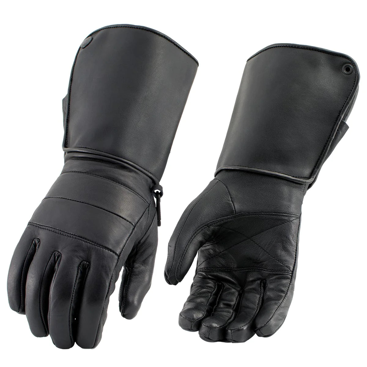 Men's Black Leather ‘Long Cuff’ Gauntlet Gloves with Zipper Closure