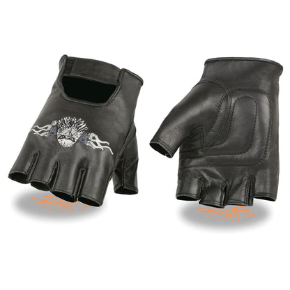 Men's Black Leather Gel Padded Palm Fingerless Motorcycle Hand Gloves W/ ‘Embroidered Flaming Eagle’