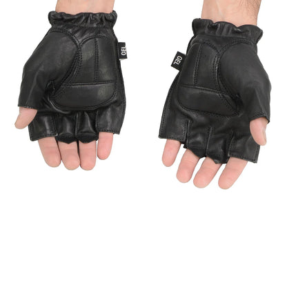 Men's Black Leather Gel Padded Palm Fingerless Motorcycle Hand Gloves W/ Soft ‘Genuine Leather’