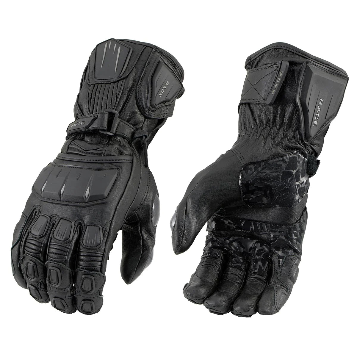 Men's Black Leather Gauntlet Racing Motorcycle Hand Gloves W/ Hard Knuckle Protection Extra Grip Reinforced Palm