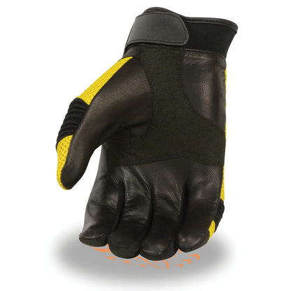 Men's Black and Yellow Mesh and Leather Racing Gloves