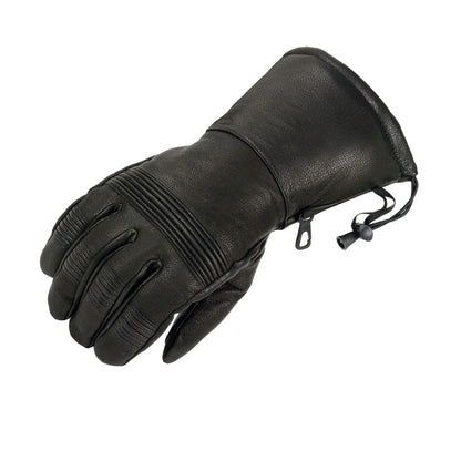 Men's Black Leather Waterproof Gauntlet Gloves with Stretch Knuckles