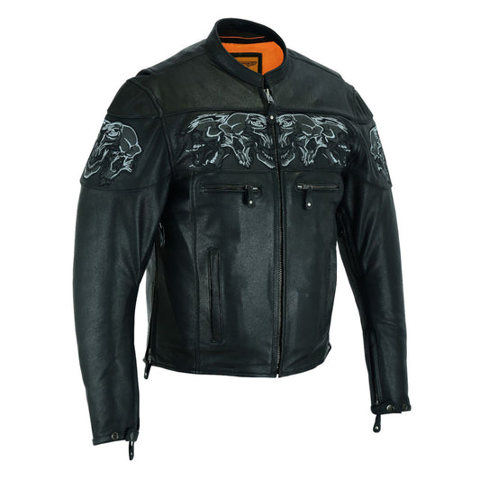 Men's Leather Concealed Carry Racing Jacket with Reflective Skulls