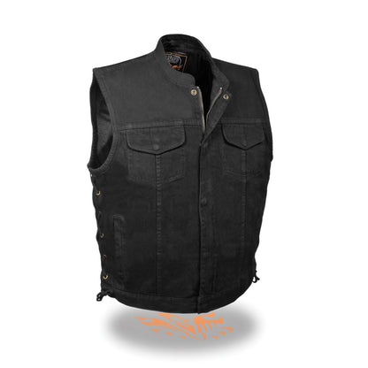 MEN’S MOTORCYCLE RIDING LIGHT WEIGHT BLK DENIM VEST WITH SIDE LACES & ZIPPER