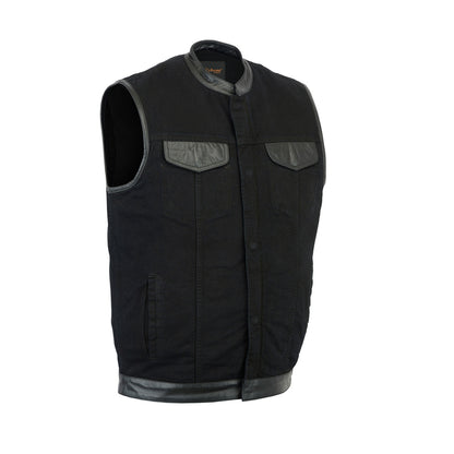 Men's Black Denim Single Panel Concealment Vest W/ Leather Trim
