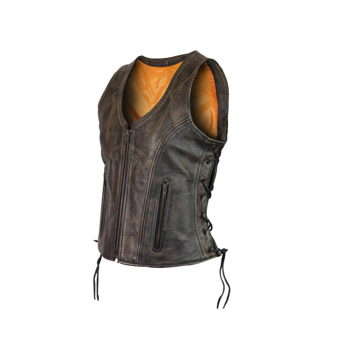 VANCE LEATHER HIGH MILEAGE LADIES DISTRESSED BROWN LACE SIDE VEST