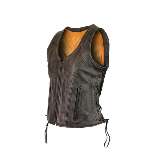 VANCE LEATHER HIGH MILEAGE LADIES DISTRESSED BROWN LACE SIDE VEST