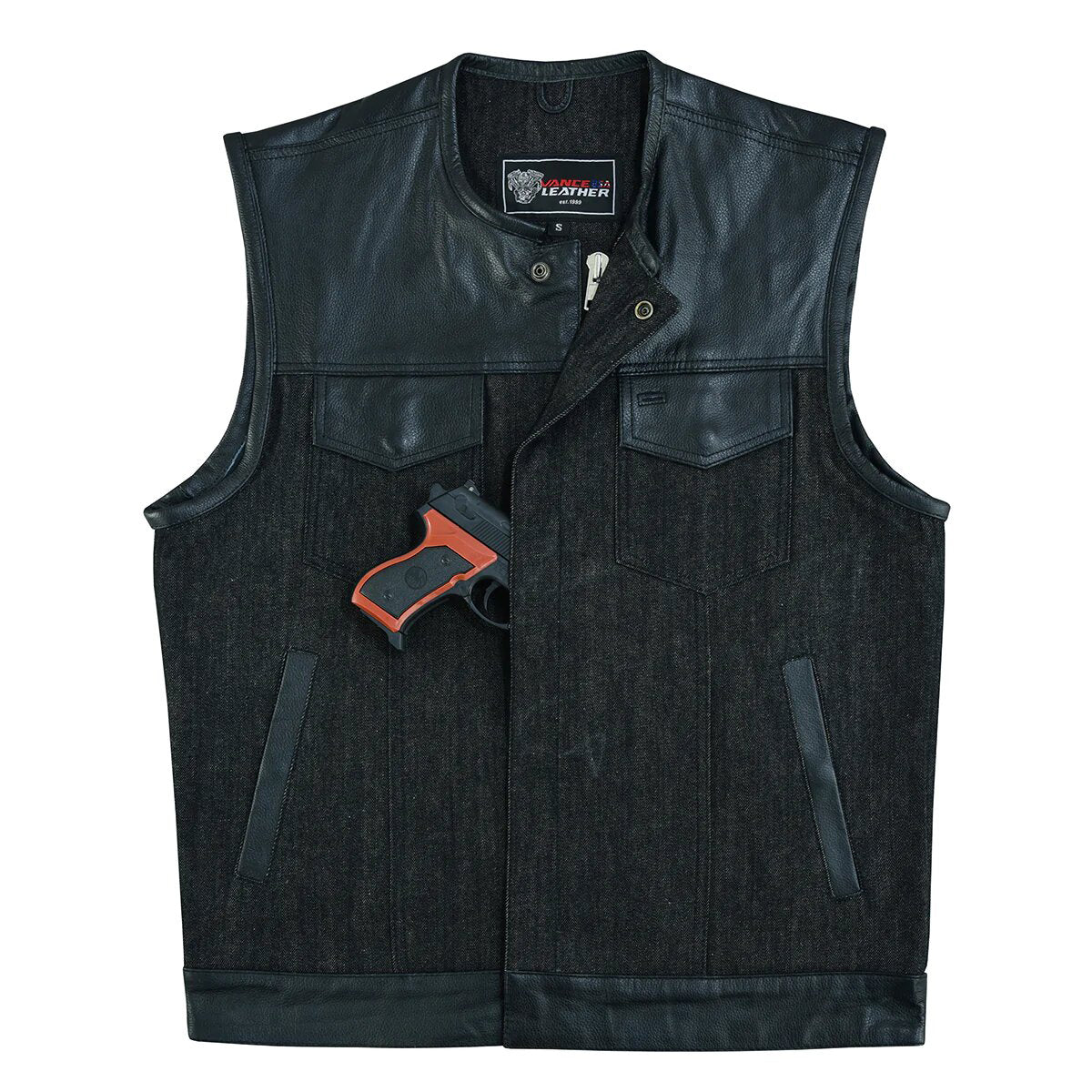 Men's Collarless Black Denim & Leather Vest