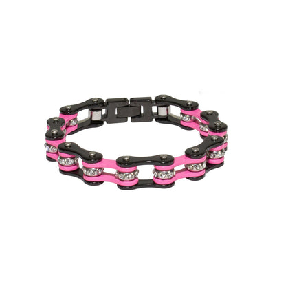 Black and Pink Motorcycle Chain Bracelet with Gemstones