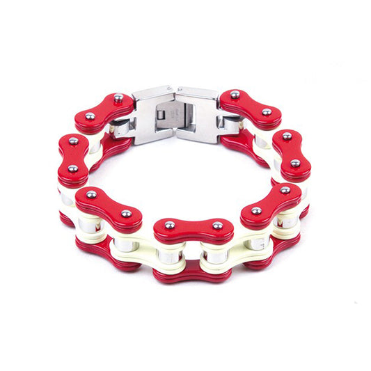 Red & White Stainless Steel Motorcycle Chain Bracelet