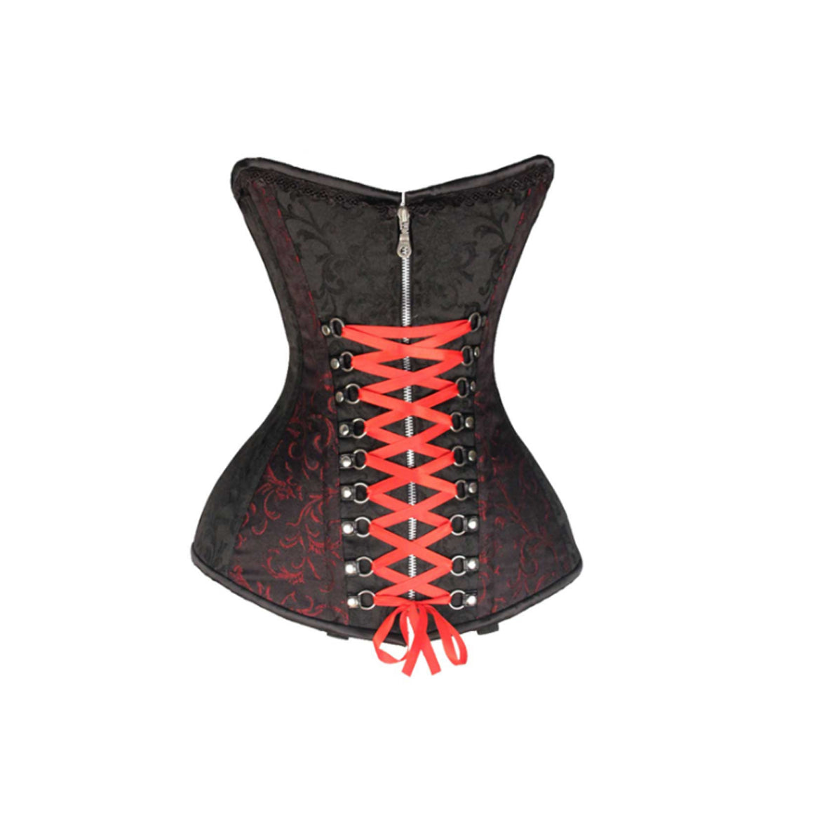 LADIES BROCADE CORSET WITH BLACK AND RED AND RED RIBBONS