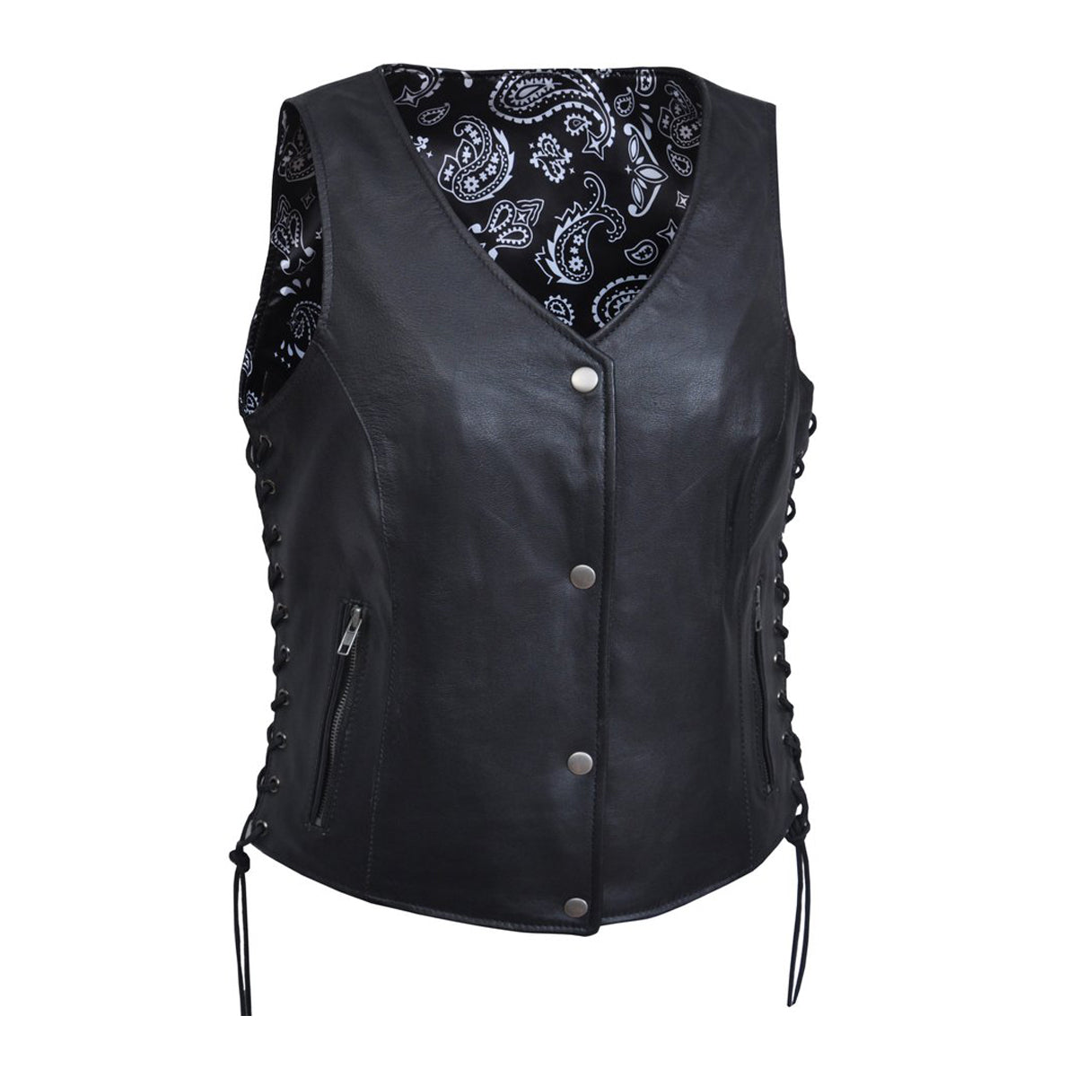 Ladies Premium Leather Vest with Black Paisley Liner Inside