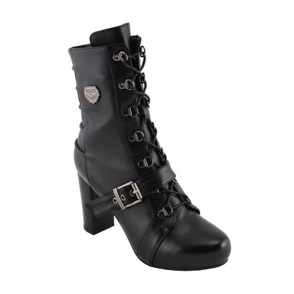 Womens Black Lace-Up Boots with Block Heel and Buckle Strap