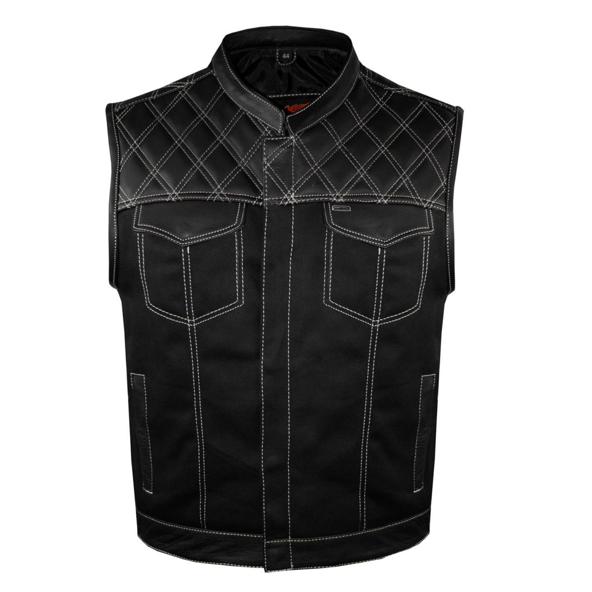 Mens Black Denim & Leather Motorcycle Club Vest White Thread Zipper Front, Diamond Padding