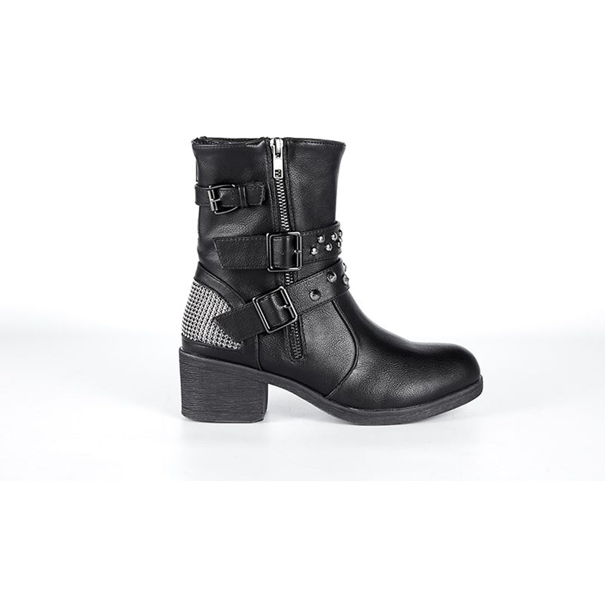 Ladies Zippered Black Multi-Studded Buckle Boots By Milwaukee