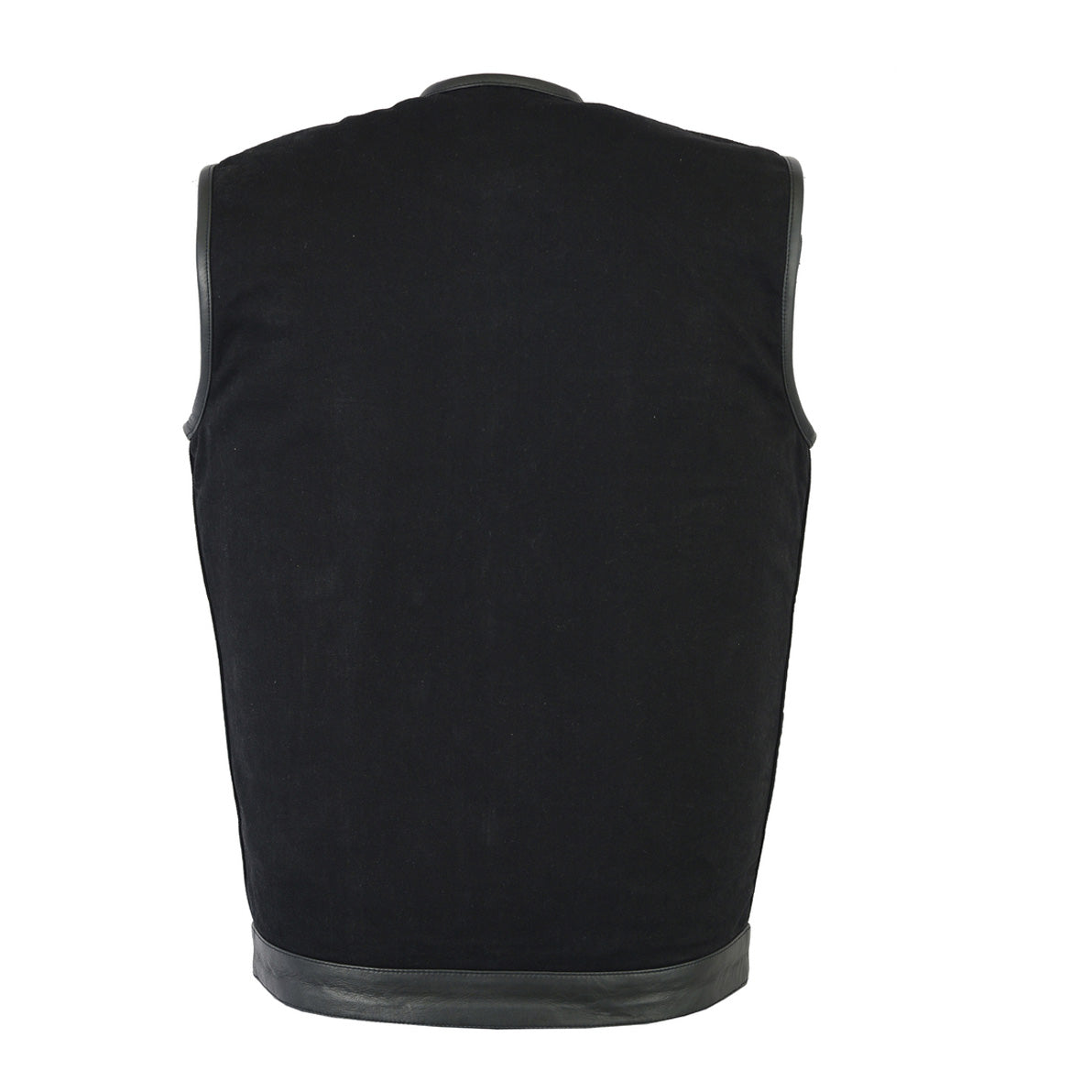 Men's Black Denim Single Panel Concealment Vest W/Leather Trim- w/o Collar
