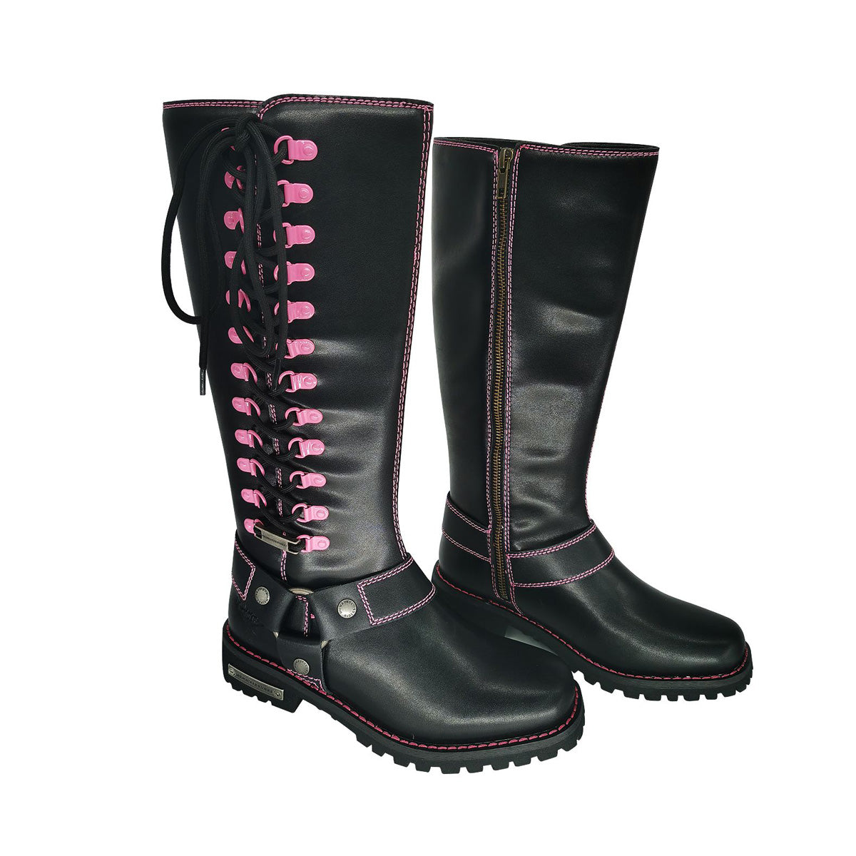 Milwaukee Riders Women Biker Long Boots with Pink Laces
