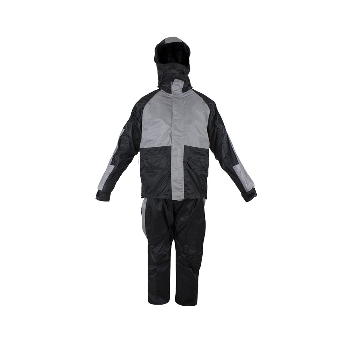 Two-Piece Black & Gray Rain Suit With Zippered Side Seams