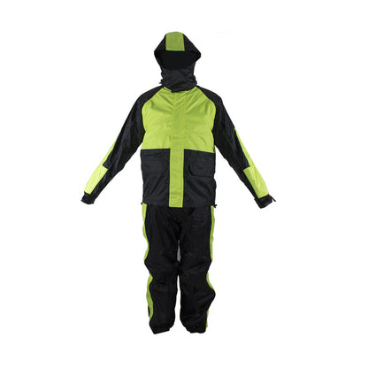Two-Piece Black & Fluorescent Rain Suit With Zippered Side Seams