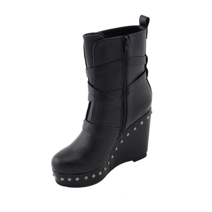 Womens Black Triple Strap Boot with Platform Wedge