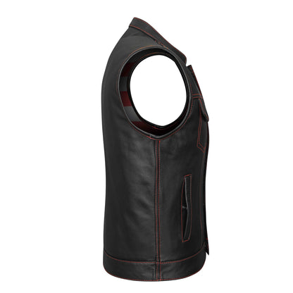 High Mileage Men's Zipper and Snap Closure Leather Club Vest with American Flag Liner and Red Stitching